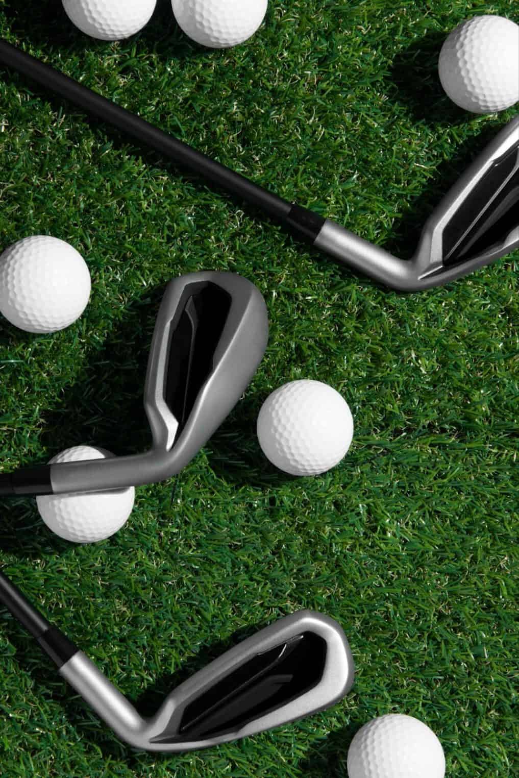 Top view of golf clubs and balls