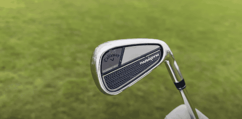 A picture of a golf club iron up close.