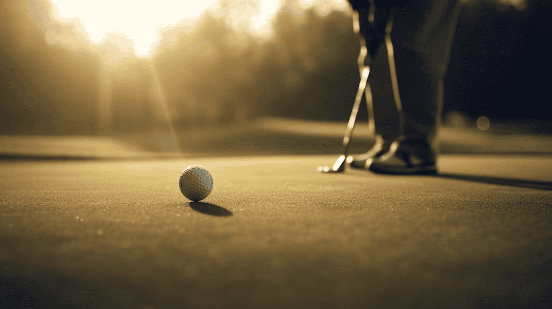 Man playing golf on the grass at sunset