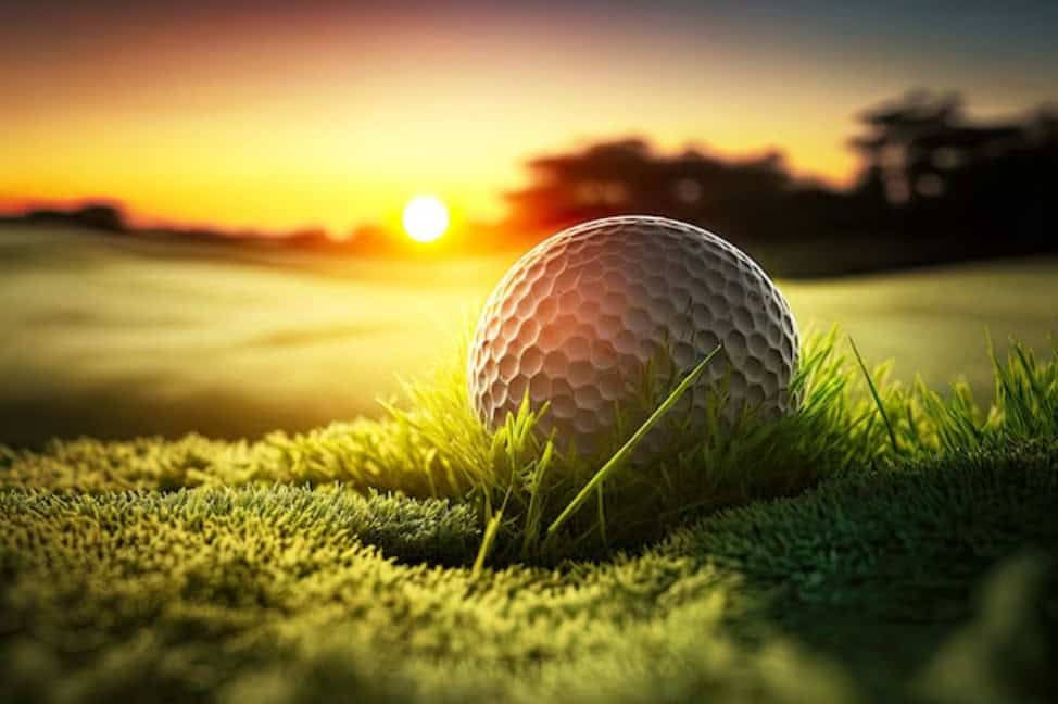 a white gold ball on the grass against the bright setting sun