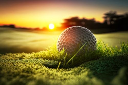 a white gold ball on the grass against the bright setting sun